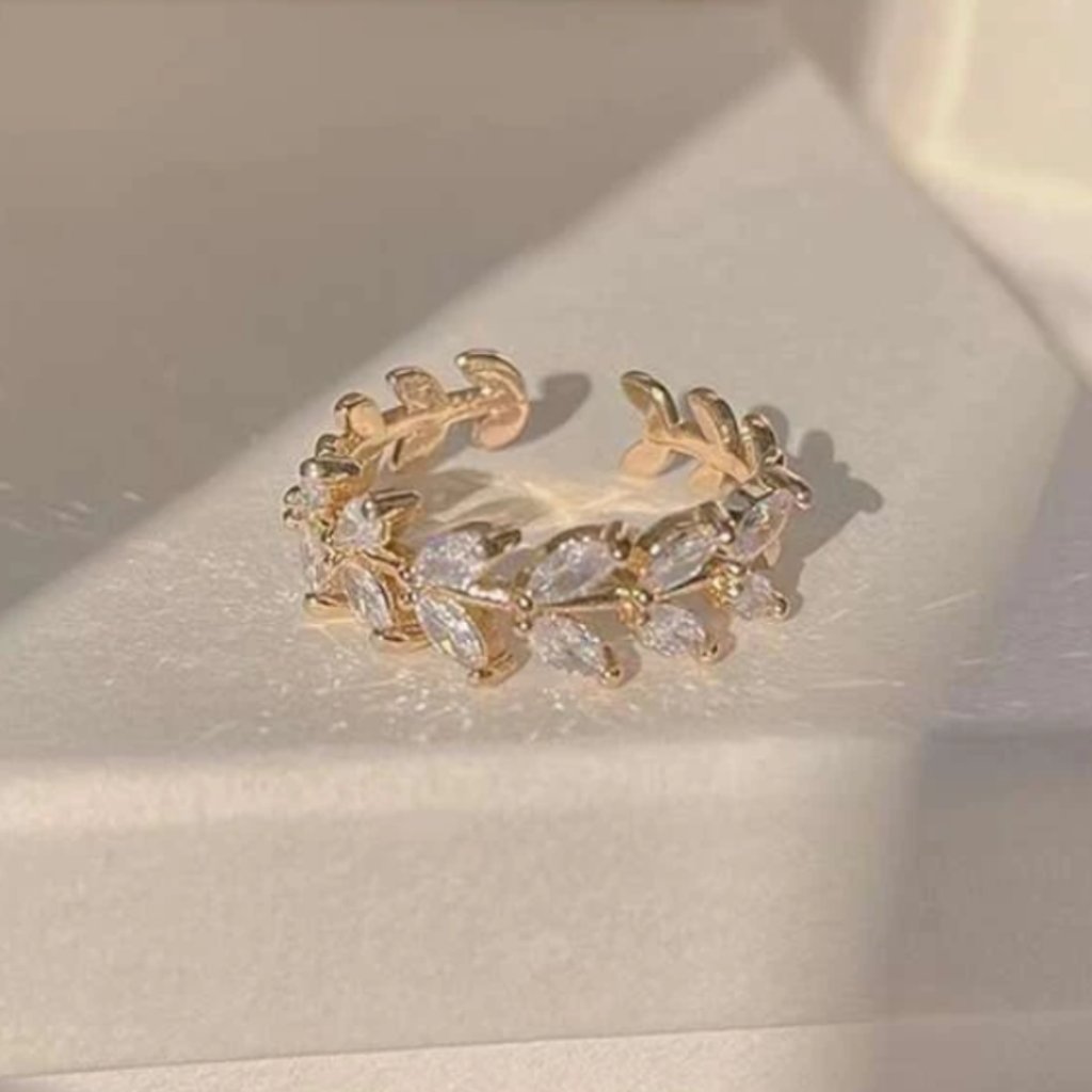 Kelsey's Leafy Cuff Diamond Bling Gold Link Ring, Adjustable Fashion Jewelry